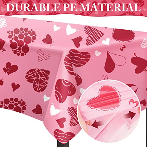 CAKKA Valentines Day Tablecloth Plastic 54x108 Inch, 2Pack Disposable Pink Heart Tablecloth, Rectangle Valentine Table Cloth Table Cover for Valentine’s Day Wedding Decor Decoration