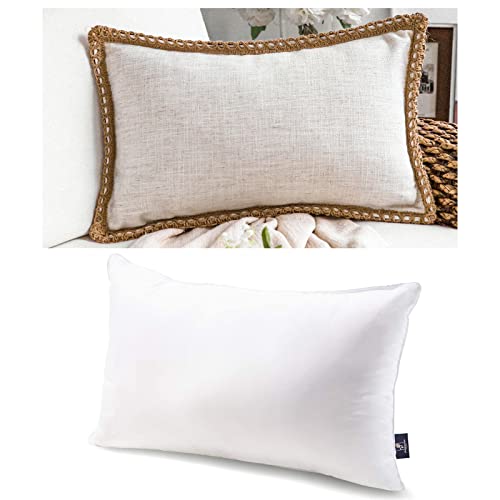 Phantoscope Bundles, Farmhouse Burlap Linen Trimmed Pillow Cover, Off White, 12 x 20 inches & Hypoallergenic Cotton Pillow Insert 12 x 20 inches