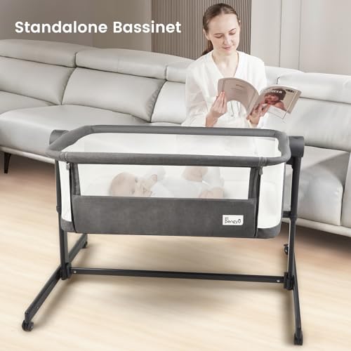 Baby Bassinet Bedside Sleeper for Baby, 4-Sided All Mesh Breathable Bedside Bassinet, Li’l Pengyu Co Sleeper for Newborn, with Washable Soft Mattress Bedside Crib (Grey)