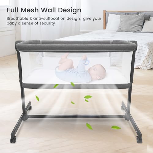 Baby Bassinet Bedside Sleeper for Baby, 4-Sided All Mesh Breathable Bedside Bassinet, Li’l Pengyu Co Sleeper for Newborn, with Washable Soft Mattress Bedside Crib (Grey)