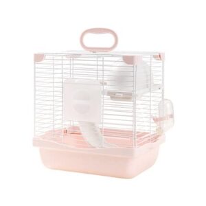 Misyue Dwarf Hamster Travel Portable Carrier Cage 2-Floors Syrian Hamster Home House Rodent Habitat Cage for Dwarf Hamster,Ferrets, Gerbil(Light Pink)