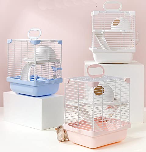 Misyue Dwarf Hamster Travel Portable Carrier Cage 2-Floors Syrian Hamster Home House Rodent Habitat Cage for Dwarf Hamster,Ferrets, Gerbil(Light Pink)