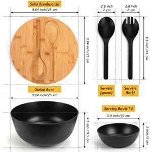 ShineMe Salad Bowls, Large Salad Bowl with Lid and Servers, Bamboo Salad Bowl Set with 4Pack Small Serving Bowls, 9.8inches Solid Kitchen Bowl for Fruits, Vegetables and Pasta...(Black)