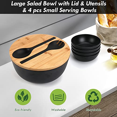 ShineMe Salad Bowls, Large Salad Bowl with Lid and Servers, Bamboo Salad Bowl Set with 4Pack Small Serving Bowls, 9.8inches Solid Kitchen Bowl for Fruits, Vegetables and Pasta...(Black)