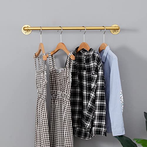 WJJAYY Industrial Pipe Clothing Rack Wall Mounted,Vintage Retail Garment Rack Display Rack Cloths Rack,Metal Commercial Clothes Racks for Hanging Clothes,Iron Clothing Rod Laundry Room (31in, Gold)