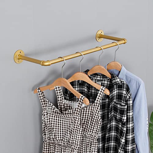 WJJAYY Industrial Pipe Clothing Rack Wall Mounted,Vintage Retail Garment Rack Display Rack Cloths Rack,Metal Commercial Clothes Racks for Hanging Clothes,Iron Clothing Rod Laundry Room (31in, Gold)