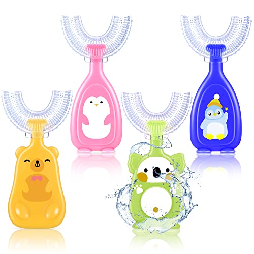 Kids U Shaped Toothbrush Cute Silicone Manual Training Toothbrush Half Circle Toothbrush Whitening Kids 360 Toothbrush Kids Full Mouth Toothbrush for Kids 2-12 Years, 4 Style Penguin Koala Bear Duck