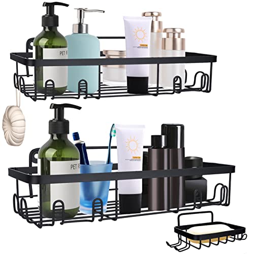 DK.PPFN. Shower Caddy Organizer Shelf with Soap Dish, No Drilling Shower Organizer Rack with Adhesive for Bathroom Washroom Kitchen, Shower Storage Shelf 304 Stainless Steel, Black