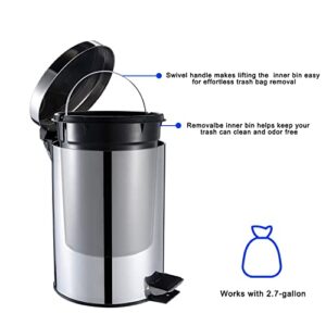 8 Liter / 2.1 Gallon Thickened Household Simple Stainless Steel Metal Foot Open Lid Trash Can, with Inner Bucket, Suitable for Kitchen, Bathroom, Office