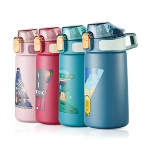 kids water bottle 16 oz stainless steel 18/10 vacuum insulated water bottle wide mouth flask with leak proof straw lid for school blue
