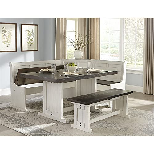 Pemberly Row Farmhouse Wood Kitchen Corner Breakfast Dining Nook Set with Hidden Storage in Off White Dark Brown