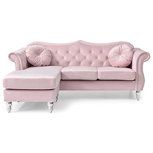 Pemberly Row Transitional Velvet Back Tufted Sofa Chaise in Pink