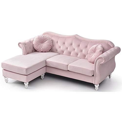 Pemberly Row Transitional Velvet Back Tufted Sofa Chaise in Pink