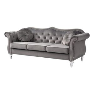 pemberly row17 transitional velvet tufted sofa with 2 pillows in dark gray