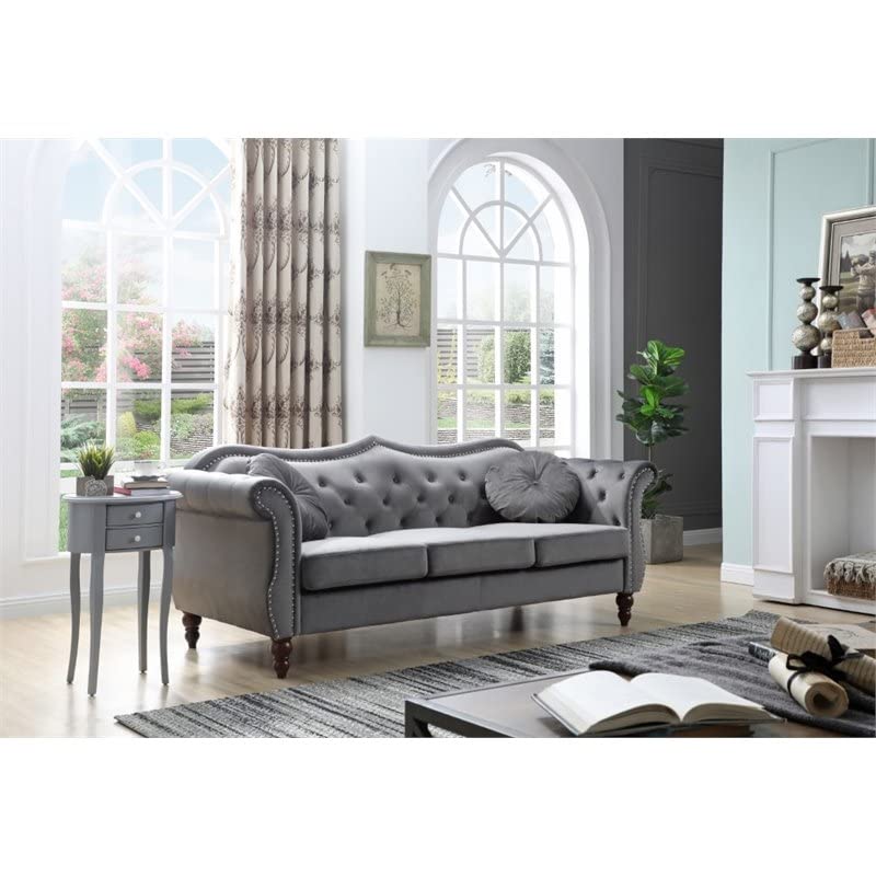 Pemberly Row17 Transitional Velvet Tufted Sofa with 2 Pillows in Dark Gray