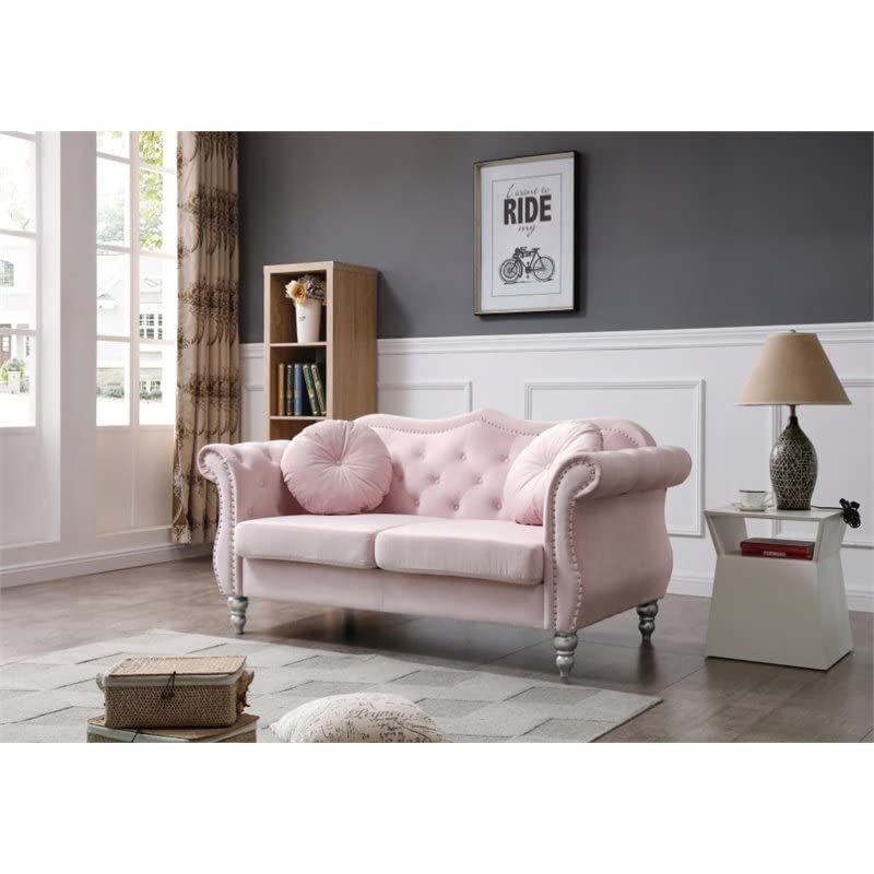 Pemberly Row 17" Transitional Tufted Velvet Loveseat in Pink