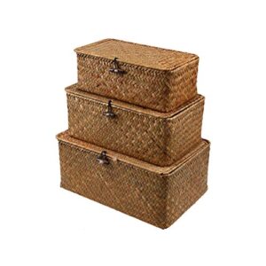veemoon 3 pcs woven storage chests with lid& button hand- woven rattan desktop storage box storage basket straw woven debris desktop storage box- size s, m, l