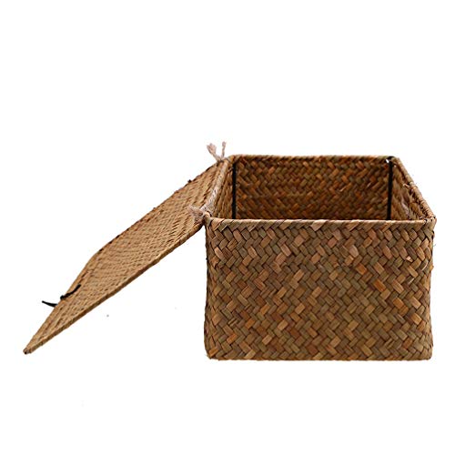 Veemoon 3 Pcs Woven Storage Chests with Lid& Button Hand- Woven Rattan Desktop Storage Box Storage Basket Straw Woven Debris Desktop Storage Box- Size S, M, L