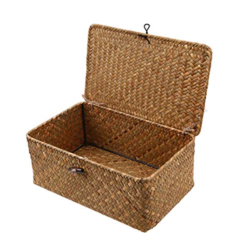 Veemoon 3 Pcs Woven Storage Chests with Lid& Button Hand- Woven Rattan Desktop Storage Box Storage Basket Straw Woven Debris Desktop Storage Box- Size S, M, L