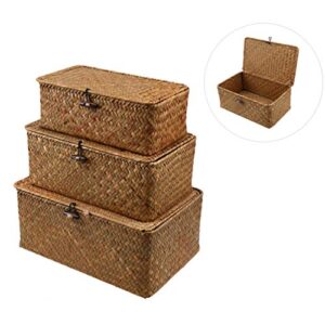 Veemoon 3 Pcs Woven Storage Chests with Lid& Button Hand- Woven Rattan Desktop Storage Box Storage Basket Straw Woven Debris Desktop Storage Box- Size S, M, L