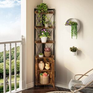 Rolanstar Corner Shelf 5-Tier with Storage, Rustic Corner Bookshelf Stand Storage Rack Plant Stand for Living Room, Home Office, Kitchen, Small Space, Rustic Brown 12.5"D x 18.9"W x 70.9"H