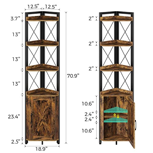 Rolanstar Corner Shelf 5-Tier with Storage, Rustic Corner Bookshelf Stand Storage Rack Plant Stand for Living Room, Home Office, Kitchen, Small Space, Rustic Brown 12.5"D x 18.9"W x 70.9"H