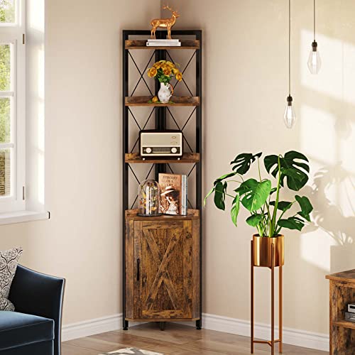 Rolanstar Corner Shelf 5-Tier with Storage, Rustic Corner Bookshelf Stand Storage Rack Plant Stand for Living Room, Home Office, Kitchen, Small Space, Rustic Brown 12.5"D x 18.9"W x 70.9"H