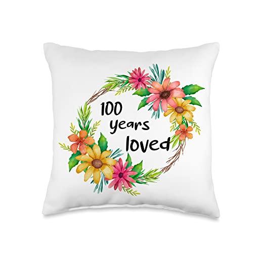 100th Birthday Gift Apparel 100th Birthday100 Years Loved Funny Gifts for Women, Grandma Throw Pillow, 16x16, Multicolor