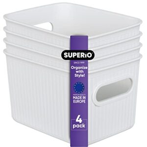 superio ribbed collection - decorative plastic open home storage bins organizer baskets, small white (4 pack) container boxes for organizing closet shelves drawer shelf 1.5 liter