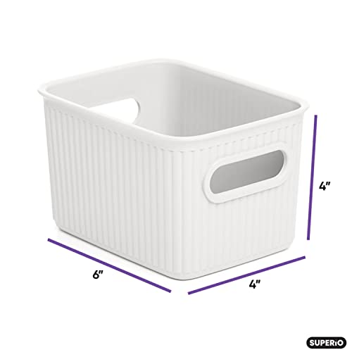 Superio Ribbed Collection - Decorative Plastic Open Home Storage Bins Organizer Baskets, Small White (4 Pack) Container Boxes for Organizing Closet Shelves Drawer Shelf 1.5 Liter