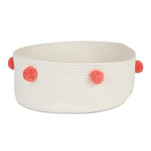 bone dry pet storage collection decorative cotton rope basket/bed, 15.75x6.25, white/pink pom poms