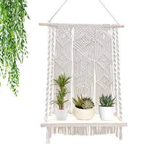 VALAGRUS Macrame Wall Hanging Shelves, Boho Room Decor, Rope Shelf with Handmade Woven Rope 2 Coasters, Wooden Hanging Shelves for Bedroom, Bathroom, Living Room Kitchen, Photo Frames, Small Plants.