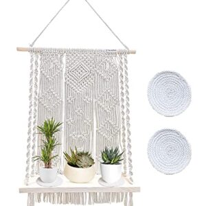 VALAGRUS Macrame Wall Hanging Shelves, Boho Room Decor, Rope Shelf with Handmade Woven Rope 2 Coasters, Wooden Hanging Shelves for Bedroom, Bathroom, Living Room Kitchen, Photo Frames, Small Plants.