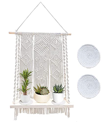 VALAGRUS Macrame Wall Hanging Shelves, Boho Room Decor, Rope Shelf with Handmade Woven Rope 2 Coasters, Wooden Hanging Shelves for Bedroom, Bathroom, Living Room Kitchen, Photo Frames, Small Plants.