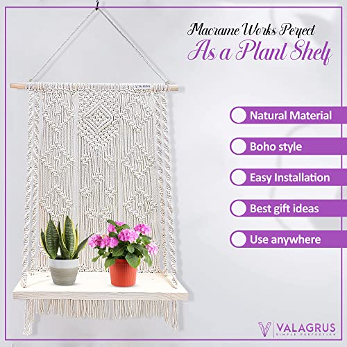 VALAGRUS Macrame Wall Hanging Shelves, Boho Room Decor, Rope Shelf with Handmade Woven Rope 2 Coasters, Wooden Hanging Shelves for Bedroom, Bathroom, Living Room Kitchen, Photo Frames, Small Plants.