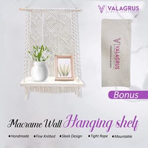 VALAGRUS Macrame Wall Hanging Shelves, Boho Room Decor, Rope Shelf with Handmade Woven Rope 2 Coasters, Wooden Hanging Shelves for Bedroom, Bathroom, Living Room Kitchen, Photo Frames, Small Plants.