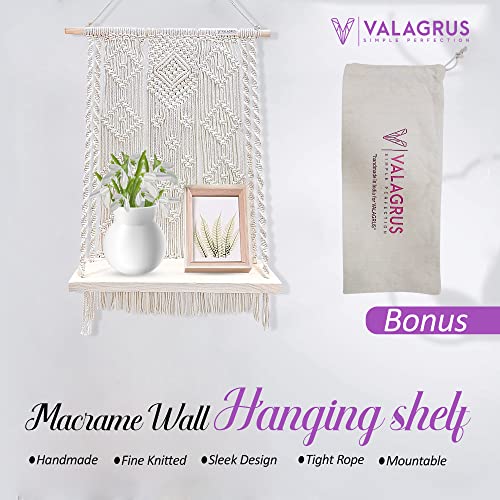 VALAGRUS Macrame Wall Hanging Shelves, Boho Room Decor, Rope Shelf with Handmade Woven Rope 2 Coasters, Wooden Hanging Shelves for Bedroom, Bathroom, Living Room Kitchen, Photo Frames, Small Plants.