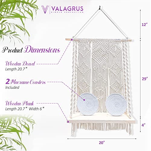 VALAGRUS Macrame Wall Hanging Shelves, Boho Room Decor, Rope Shelf with Handmade Woven Rope 2 Coasters, Wooden Hanging Shelves for Bedroom, Bathroom, Living Room Kitchen, Photo Frames, Small Plants.