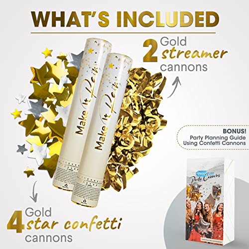 Gold Confetti Cannons - 6 Pack - Party Poppers Confetti Shooters | 2x Streamer Poppers and 4x Star Confetti Poppers Bulk | Gold Confetti Popper | Confetti Blaster for Birthday, Photo and Graduations