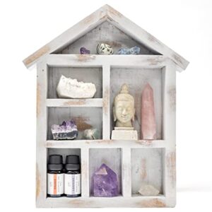 wanda living artisan crystal shelf display - natural wood shelf for crystals, gems, oils & more - boho mini-house crystal display shelf - crystal display case for energy, mindfulness & peace