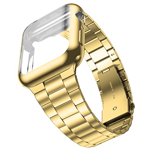 Wolait Compatible with Apple Watch Band 41mm with Case, Upgraded Business Stainless Steel Band with Screen Protector Cover for iWatch Series9/8/7/6/SE Series 5/4/3/2/1,41mm Gold