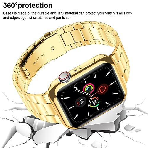 Wolait Compatible with Apple Watch Band 41mm with Case, Upgraded Business Stainless Steel Band with Screen Protector Cover for iWatch Series9/8/7/6/SE Series 5/4/3/2/1,41mm Gold