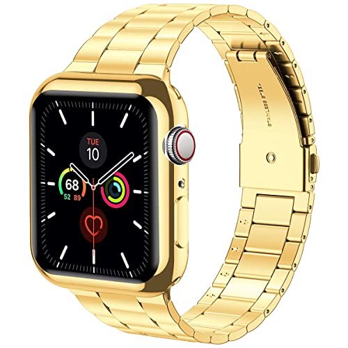 Wolait Compatible with Apple Watch Band 41mm with Case, Upgraded Business Stainless Steel Band with Screen Protector Cover for iWatch Series9/8/7/6/SE Series 5/4/3/2/1,41mm Gold