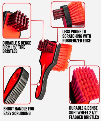 Adam's Double Sided Car Detailing Brush Wheel Brush & Tire Brush for Wheel Cleaning | Soft, Durable Chemical Resistant Bristles Against The Harshest Wheel & Tire Cleaner