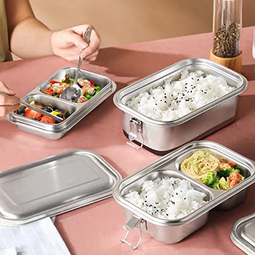 Stainless Steel Lunch Box with Clip Locks for Adults Salad Sandwich with Folding Spork Bento Containers for Work Picnic Layered Leak proof (1500ml)