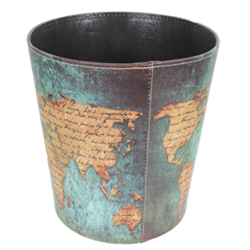 Cabilock Vintage Leather Trash Can European Style Retro Trash Can Waste Paper Basket Waste Can World Map Pattern Waterproof Decorative Wastebin Dustbin Garbage Bin