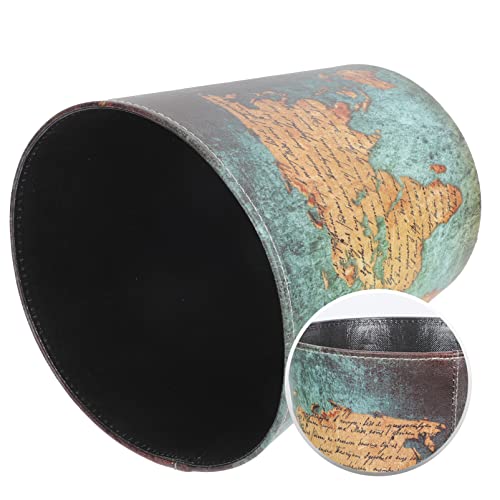 Cabilock Vintage Leather Trash Can European Style Retro Trash Can Waste Paper Basket Waste Can World Map Pattern Waterproof Decorative Wastebin Dustbin Garbage Bin