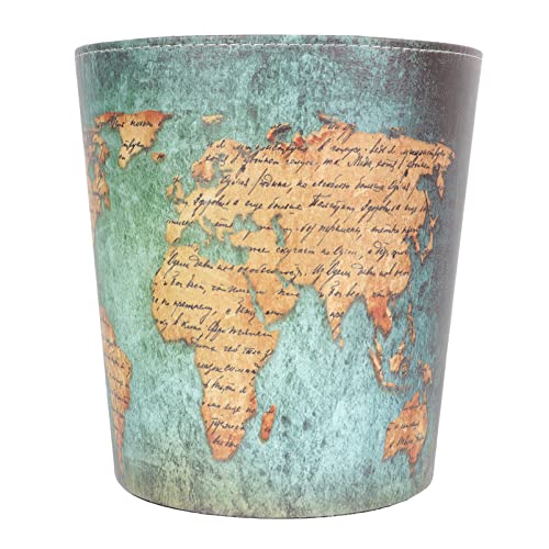 Cabilock Vintage Leather Trash Can European Style Retro Trash Can Waste Paper Basket Waste Can World Map Pattern Waterproof Decorative Wastebin Dustbin Garbage Bin