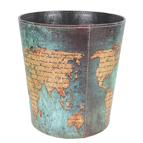 Cabilock Vintage Leather Trash Can European Style Retro Trash Can Waste Paper Basket Waste Can World Map Pattern Waterproof Decorative Wastebin Dustbin Garbage Bin