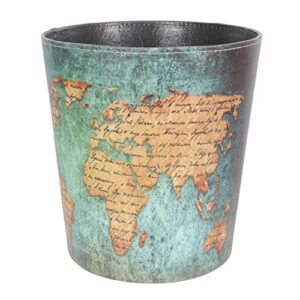 Cabilock Vintage Leather Trash Can European Style Retro Trash Can Waste Paper Basket Waste Can World Map Pattern Waterproof Decorative Wastebin Dustbin Garbage Bin